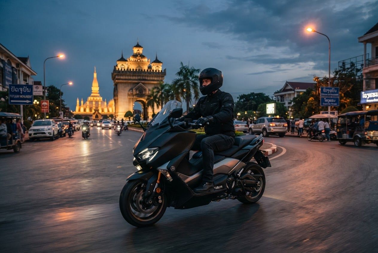 Rider on a scooter in Vientiane at dusk, Patuxai in the background