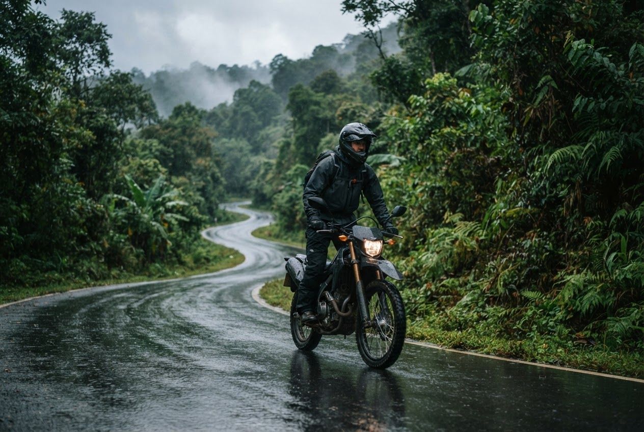 Rider on a wet mountain road