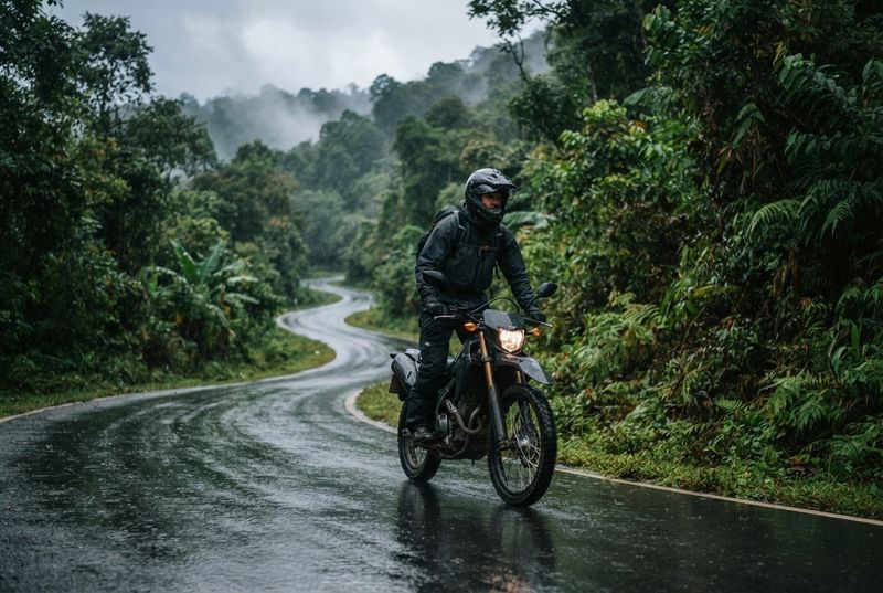Rider on a wet mountain road