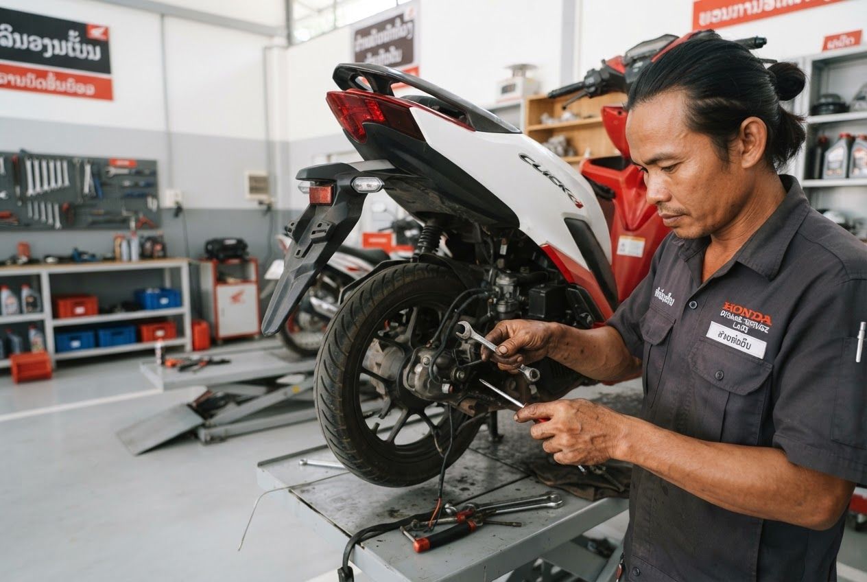 Mechanic servicing a scooter in the workshop