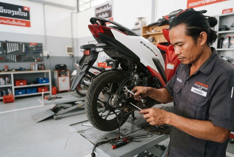Mechanic servicing a scooter in the workshop