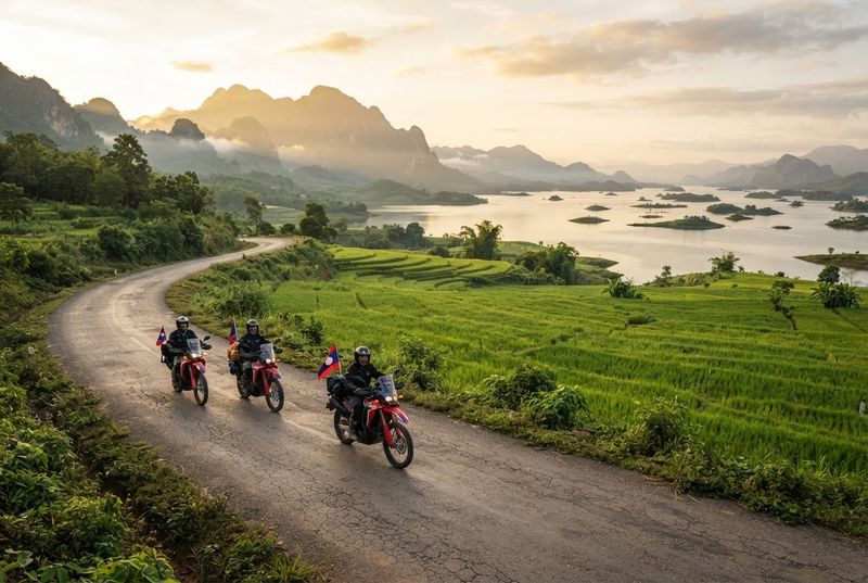 Group of riders on a country road at sunset